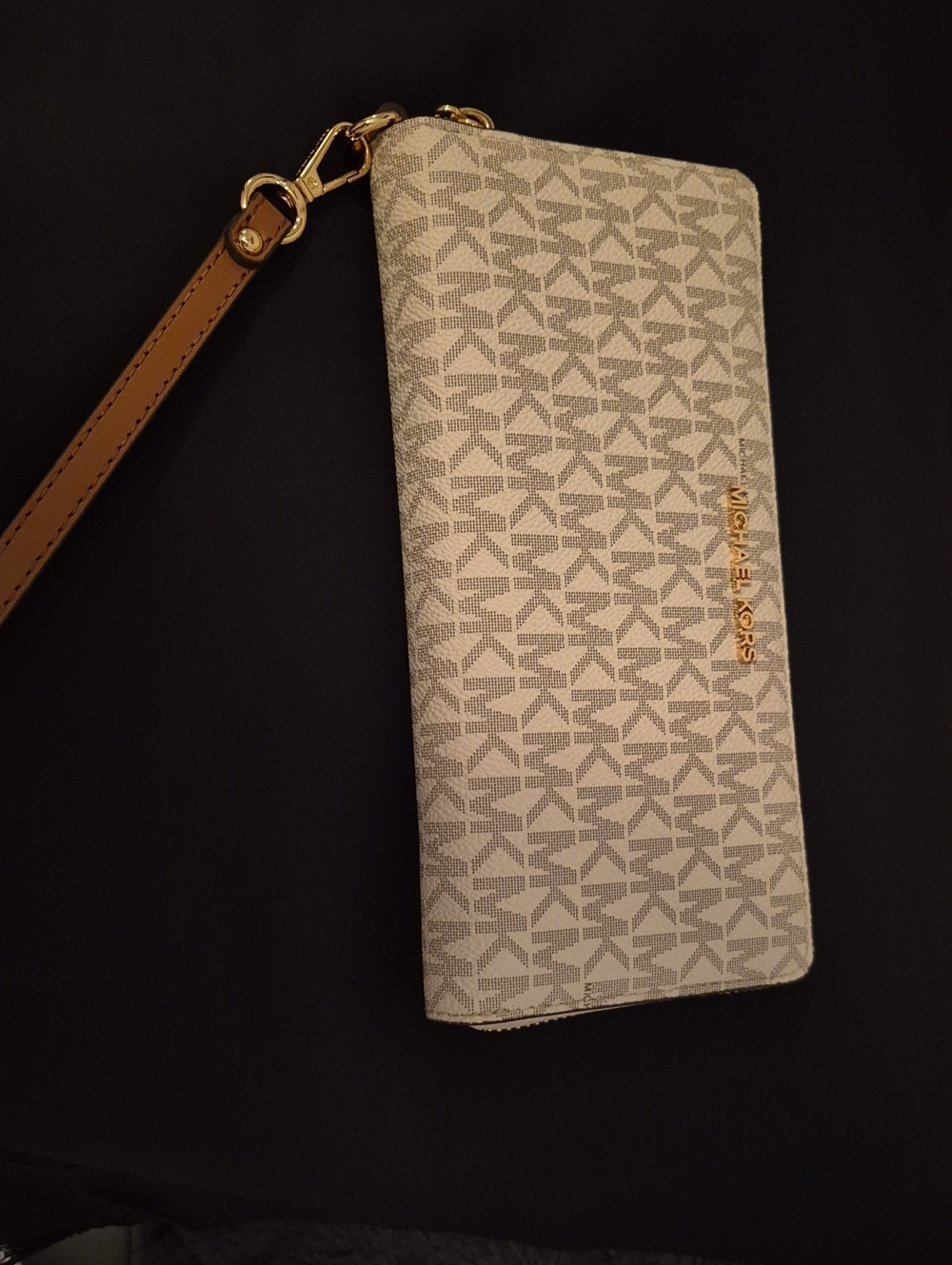 Michael Kors Beige Logo Wristlet with Tan Strap and Gold Hardware